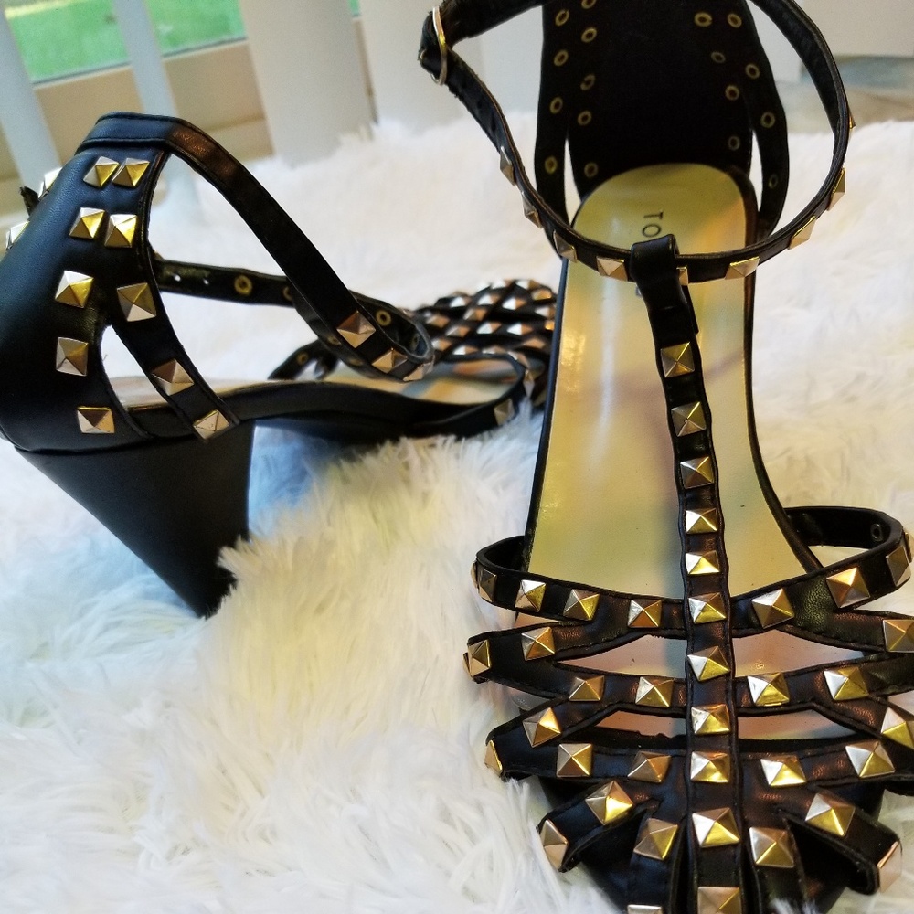 T strap gold studded heeled sandals